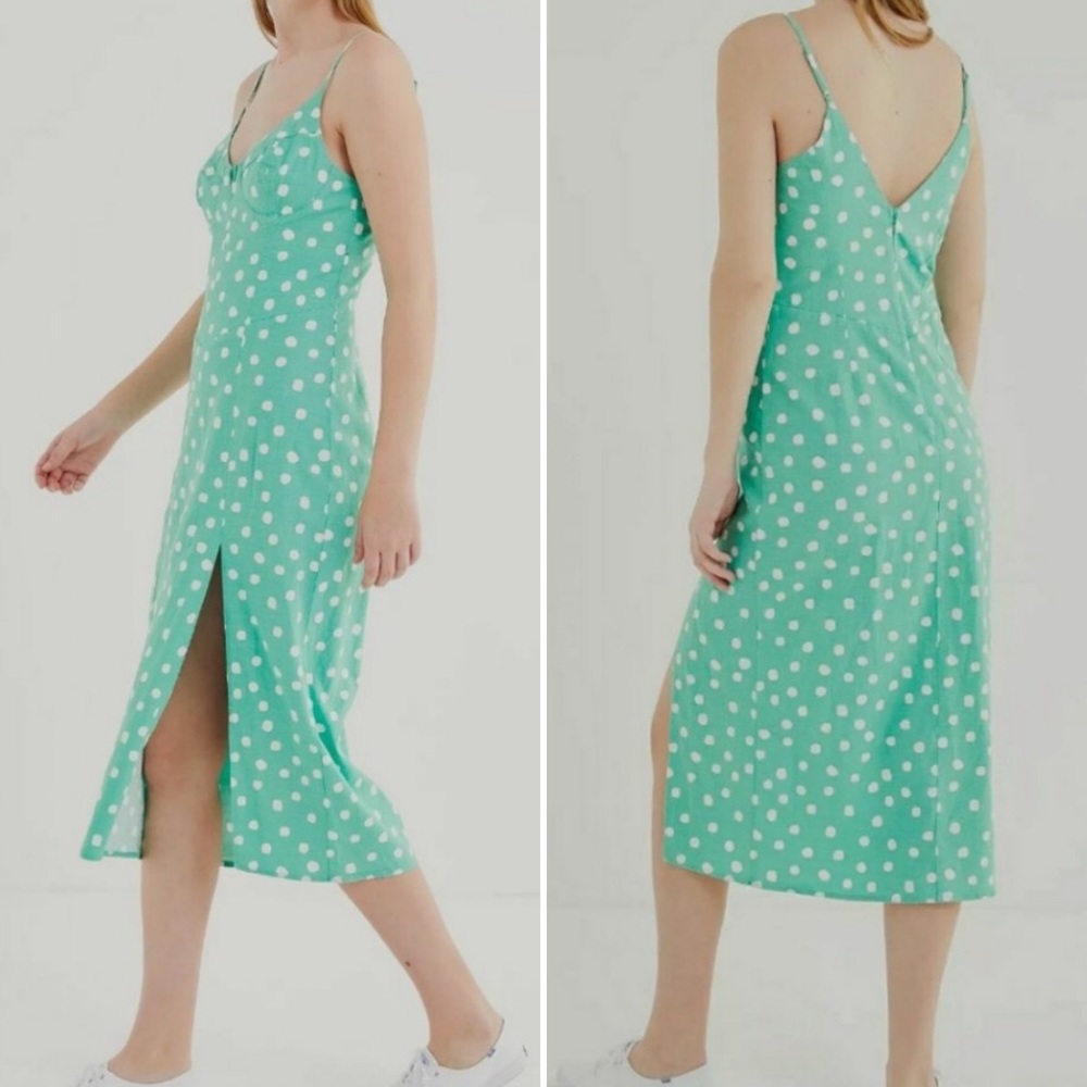 NWT Urban Outfitters Linen Blend Polka Dots Midi Dress Sleeveless Green Sz XS